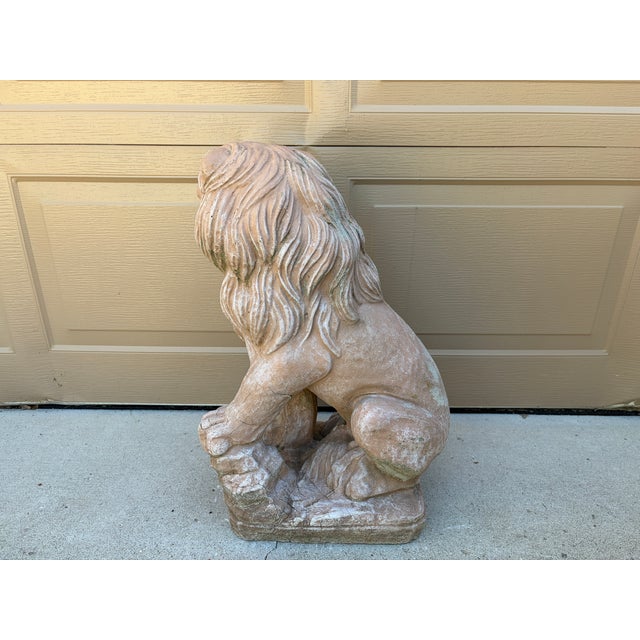 Vintage Italian Provincial Cast Concrete Lion Garden Statue With Weathered Terracotta Finish For Sale - Image 11 of 12