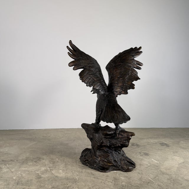 Brown Large Bronze Eagle Sculpture – Wings Spread – 41” Tall For Sale - Image 8 of 9