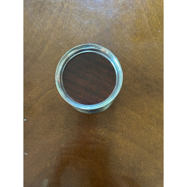 Mid-Century Modern Mid-Century Modern Drink Coasters Round Formica Wood Laminate Silver Patina Trim- Set of 8 For Sale - Image 3 of 3