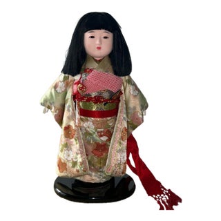 Mid 20th Century Traditional Japanese Ichimatsu Ningyo Doll Standing Ornate Floral Kimono 18.5”h For Sale