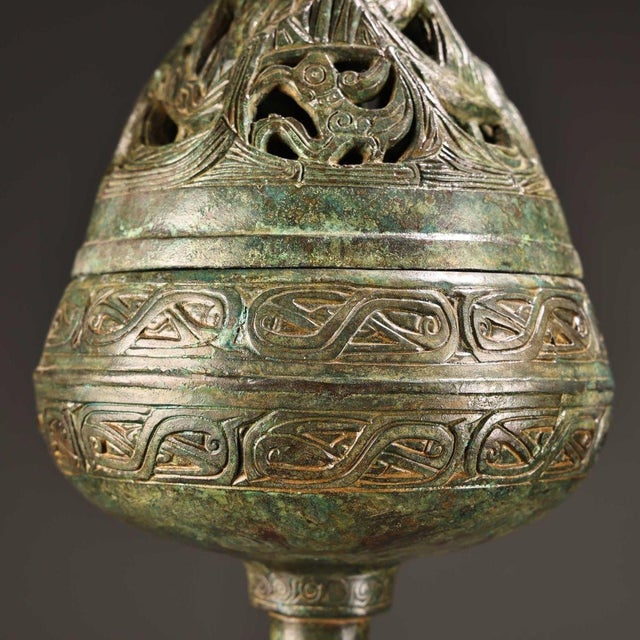 Metal Vintage Bronze Boshan Incense Burner With Turtle & Crane — Han-Style Mountain Censer, 19.7 in Tall, Asian Antique Decor For Sale - Image 7 of 10