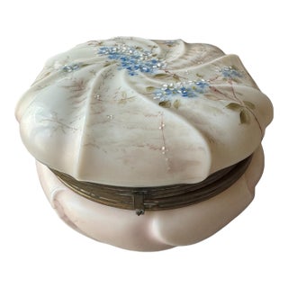Antique Victorian Wavecrest Style Floral Decorated Art Glass Dresser Box For Sale