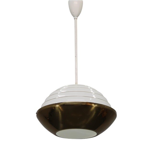 Vintage Brass Pendant Light with Opaline Glass Diffuser, 1950s For Sale