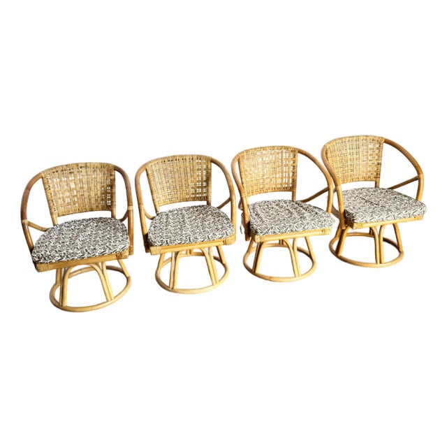 Boho Chic Rattan Wicker Swivel Arm Dining Chairs - Set of 4 For Sale