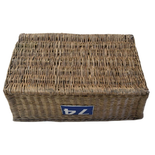 Wood Rustic Primitive Farmhouse French Wicker Market Basket With Number Plate For Sale - Image 7 of 8