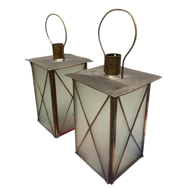 Pair of Neoclassical Style Mixed Metal Large Scale Hurricane Lanterns For Sale - Image 4 of 12