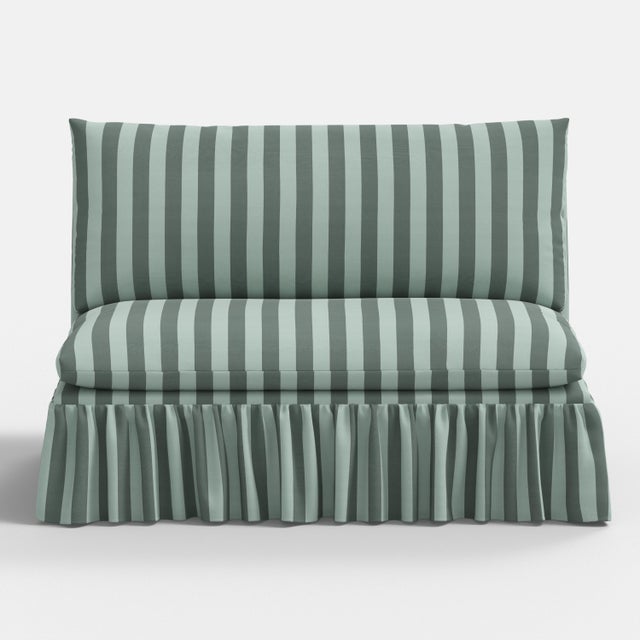 Spritely Home Spritely Home Capra Ruffle Settee in Canopy Stripe Tonal Teal For Sale - Image 4 of 6