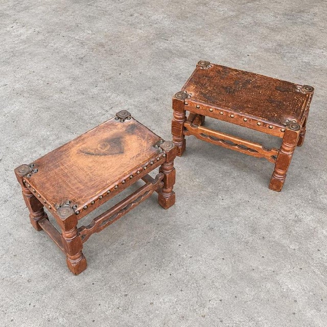 Brown Spanish Medieval-Style Wood and Leather Ottomans, 1920s Set of 2 For Sale - Image 8 of 8