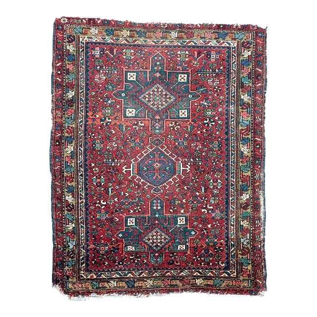 Rusty Red with Emerald Green Vintage Karaja Rug 3.3 x 4 For Sale