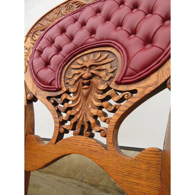 Wood Antique Carved Oak Green Man Rocking Chair in Red Tufted Leather ~ Northwind Face For Sale - Image 7 of 17