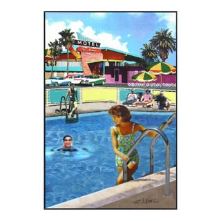 Sea Breeze - Framed Pool Scene Original Mid Century Modern Figurative Mixed Media Art by Michael Giliberti For Sale