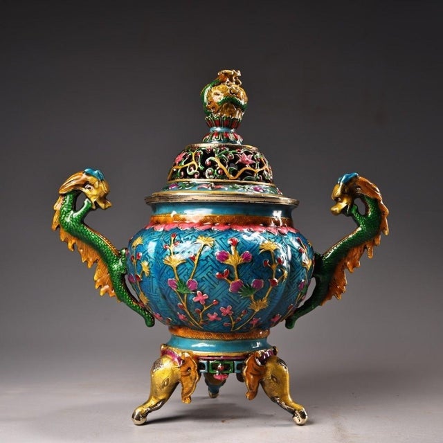 This is a vibrant and substantial decorative censer (incense burner), crafted using the traditional cloisonné enamel...