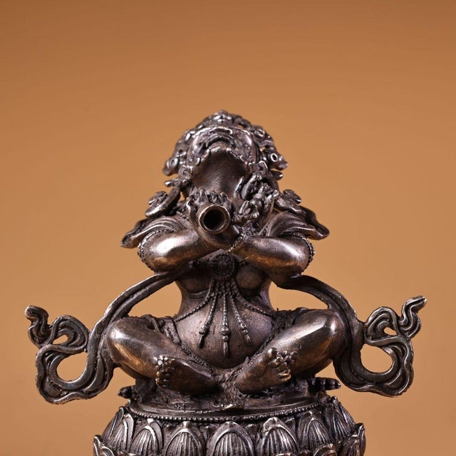 Metal Vintage Tibetan Gilded & Silvered Bronze Vajra Censer, High Relief Carving, Lotus Base With Guardian Supports, Chinoiserie Buddhist Incense Burner For Sale - Image 7 of 10