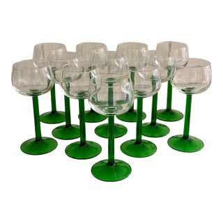 1970s Luminarc Crystal With Green Stems, Made in France- Set of 12 For Sale