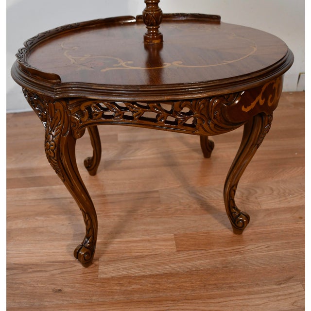 Brown 1920 Antique French Louis XV Walnut Inlaid 2 Tier Side End Table / Serving Table For Sale - Image 8 of 12