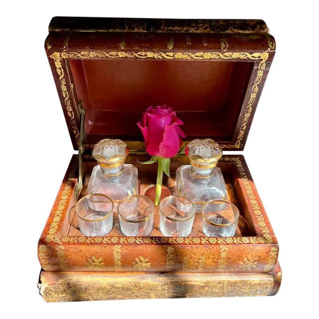 Antique French Leather Book Tantalus Box: Decanters & Shot Glasses For Sale