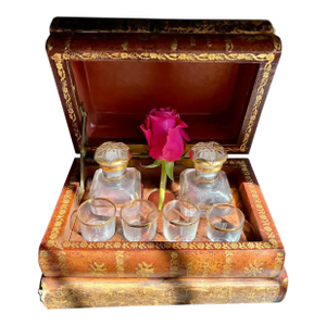Antique French Leather Book Tantalus Box: Decanters & Shot Glasses
