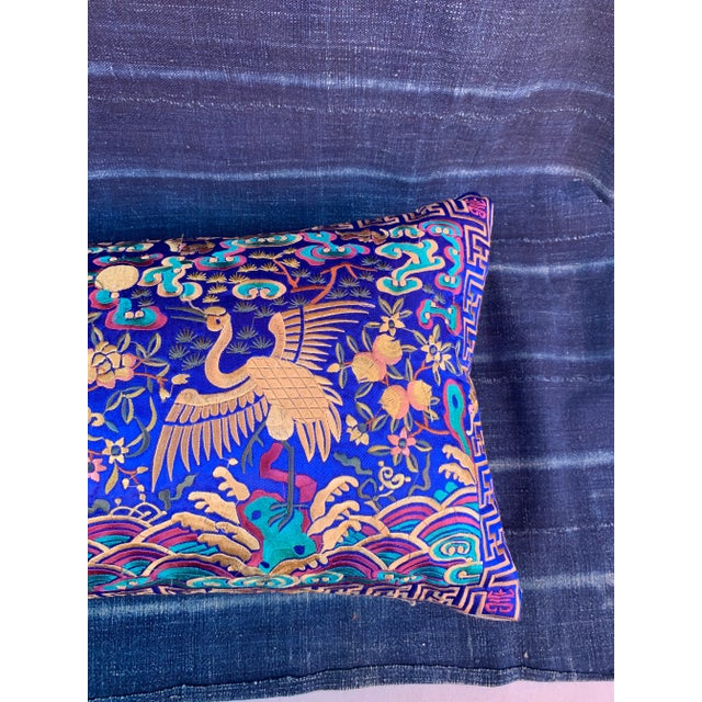 Hollywood Regency Royal Blue & Gold Silk Embroidered Cranes Chinoiserie Boudoir Lumbar Pillow For Sale - Image 10 of 11