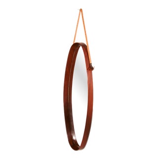 Mid-Century Modern Italian Oval Mirror in Curved Teak with Rope and Leather, 1960s For Sale