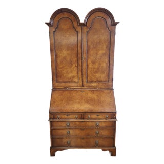 Vintage 20th C English Style Burl Walnut Slant Front Secretary Fitted Interior Desk For Sale