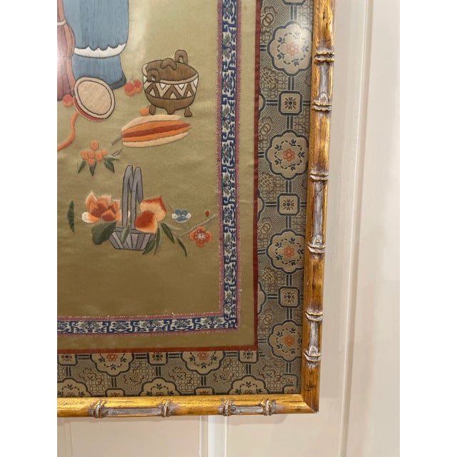 Large Mid 20th Century Chinese Asian Silk Flowers Embroidery Panel in Gold Bamboo Frame For Sale - Image 4 of 9