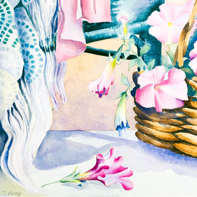 Still Life of Basket of Flowers and Arm Chair - Tomoko Parry, C. 1990s For Sale - Image 4 of 10