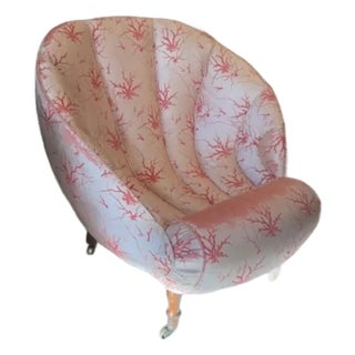 Custom Vintage Clam Shell Upholstered Budoir Chair For Sale