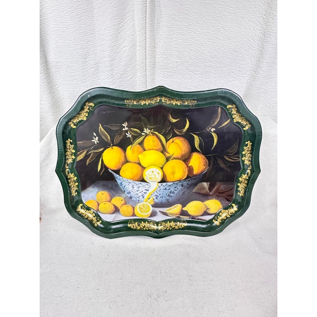 English Large Vintage 1993 Ian Logan of London Lemon Bowl Tole Painted Metal Serving Tray For Sale - Image 3 of 7