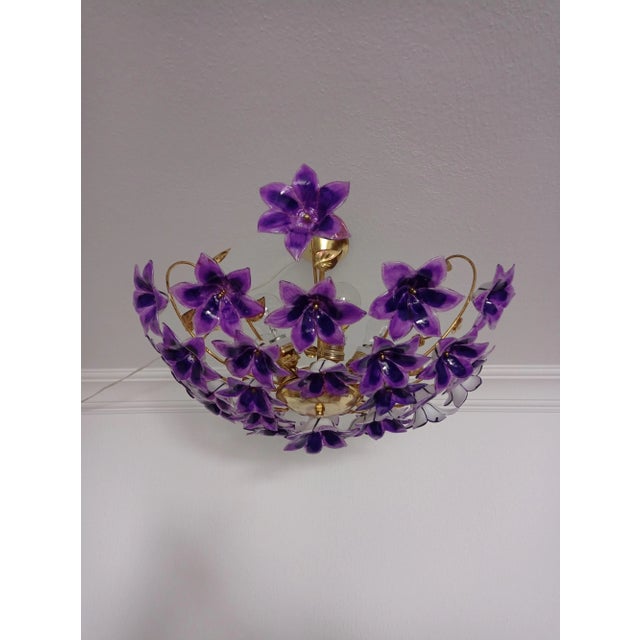 Metal Vintage 1970s Murano Purple Glass Semi-Flush Mount Calla Lily Hand Painted Chandelier For Sale - Image 7 of 12