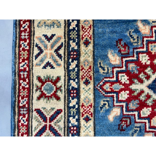 Textile Blue and Cream Kazak-Style Wool Runner Rug With Tribal Medallions, 2'8" X 9'7" For Sale - Image 7 of 15
