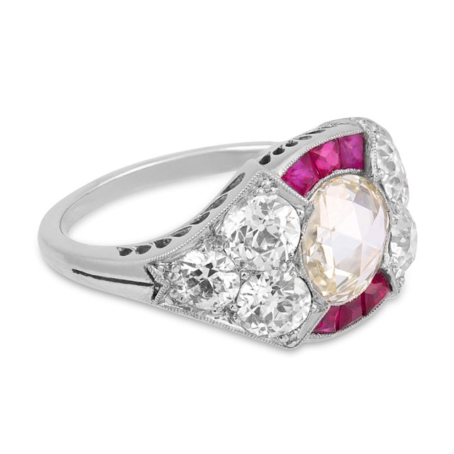 1930s 1930s Art Deco Gia 1.03 Carat Rose Cut Diamond Ruby Platinum Engagement Ring, Size 6.5 For Sale - Image 5 of 7