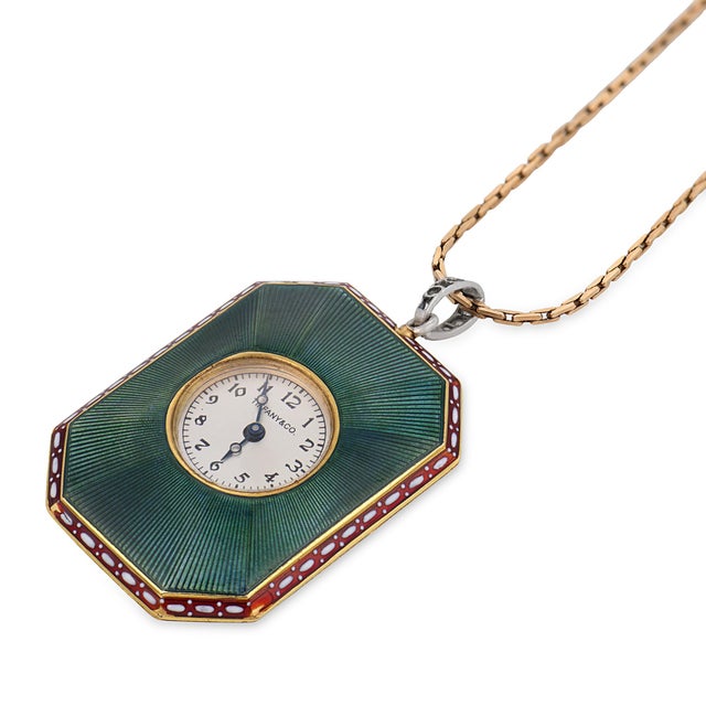 Tiffany and Co. Early 20th Century Tiffany & Co. Edwardian Diamond Guilloche Enamel 18k Gold Watch Pendant Necklace For Sale - Image 4 of 7