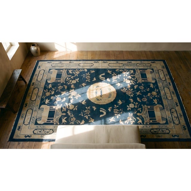 Navy Blue Great Navy Blue Ground Color With Beige Butterfly in a Chinoiserie Pattern Antique Chinese Peking Rug For Sale - Image 8 of 10