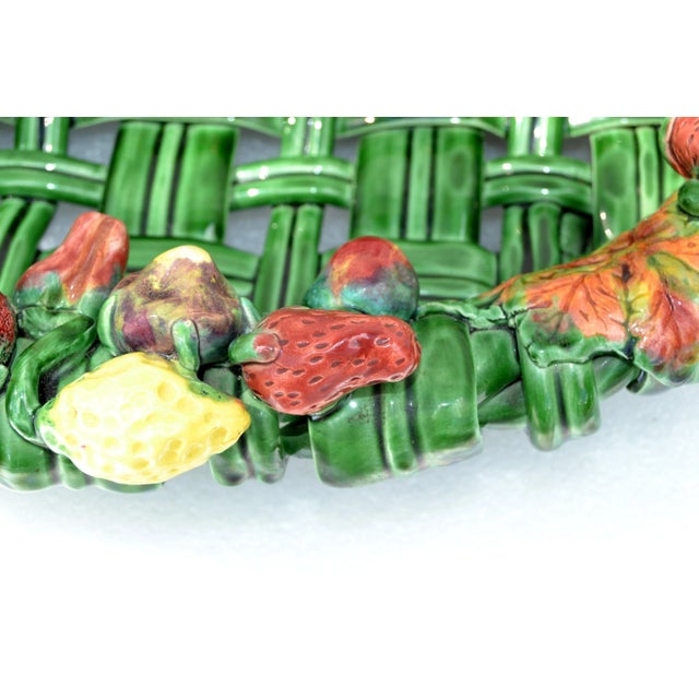 Vallauris France Glazed Woven Ceramic Basket Pink & Green Strawberry Pottery 70 For Sale - Image 9 of 13