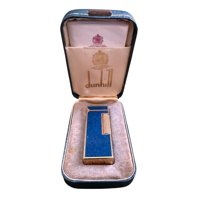 Rare Vintage Dunhill Gold Plated Blue Marble Lacquer Lighter Original Sky Case For Sale