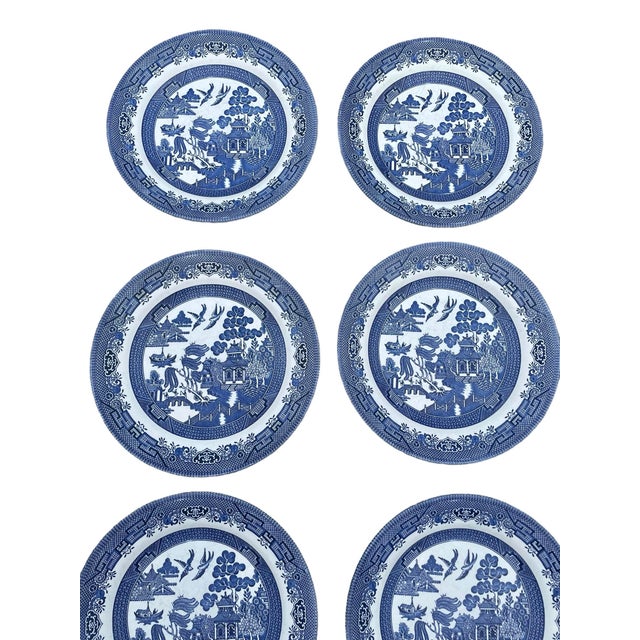 Traditional Vintage Large Blue Willow Dinner Plates Made in Staffordshire England - a Set of 6 For Sale - Image 3 of 12