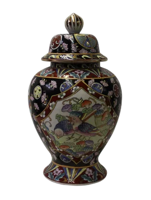 Chinese Oriental Famille Rose Porcelain Black Scenery Round Jar