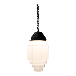 1930s Art Deco Milk Glass Skyscraper Pendant Light For Sale