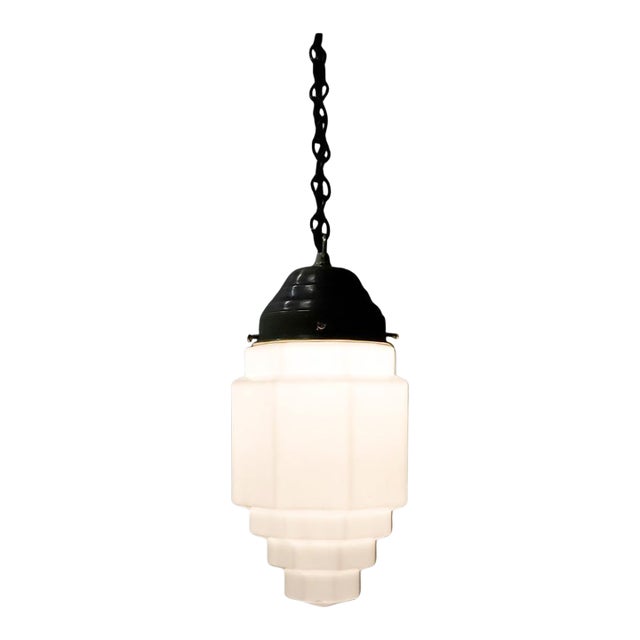 1930s Art Deco Milk Glass Skyscraper Pendant Light For Sale
