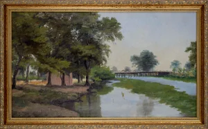 Early 20th Century Bay Area California Landscape with Bridge Oil Painting Attributed to Florence Bugbee Banham, Framed