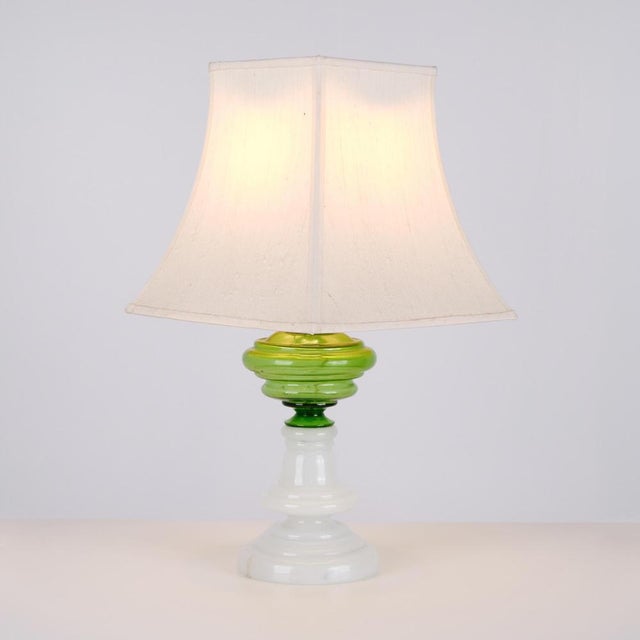 Table Lamp in Green and White Opaline Glass with Brass Details, 1880s For Sale - Image 3 of 9
