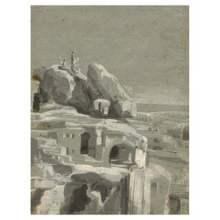 Rock Cave Dwellings with Spearsmen, Early 19th Century, Grisaille Wash Drawing For Sale