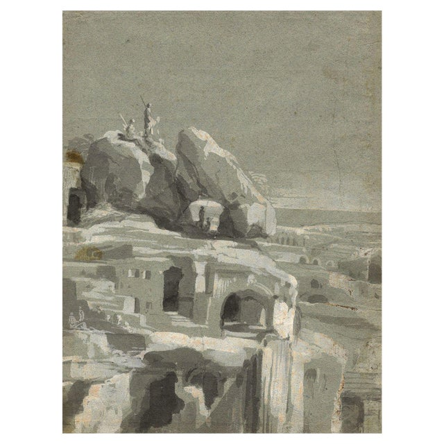 Rock Cave Dwellings with Spearsmen, Early 19th Century, Grisaille Wash Drawing For Sale