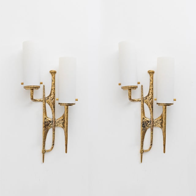 Gold Brutalist Bronze and Murano Glass Wall Sconces in the style of Felix Agostini, 1990s, Set of 2 For Sale - Image 8 of 8