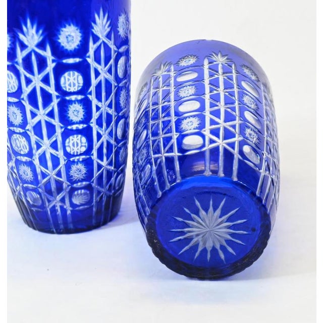 Glass Vases Cobalt Blue Cut Urns Geometric Decoration, Set of 2 For Sale - Image 3 of 4
