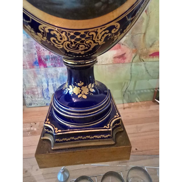 Antique Cobalt Blue Porcelain Pr Urns Attributed to Sevres For Sale In New York - Image 6 of 17