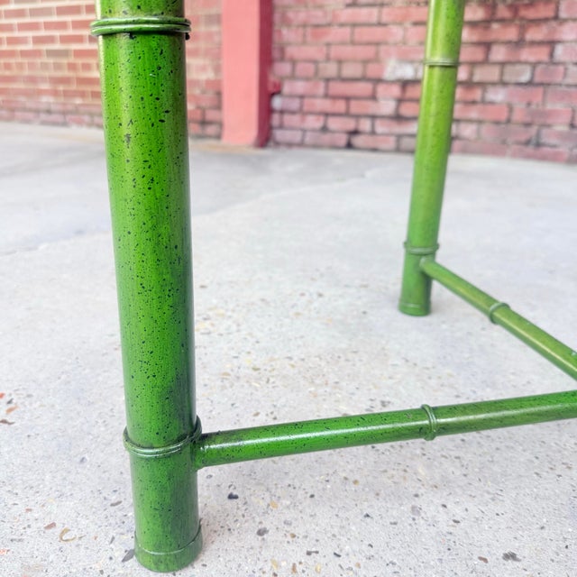 Vintage Tole Faux Bamboo Green Accent Tables With Glass Tops - Newly Painted For Sale - Image 10 of 11