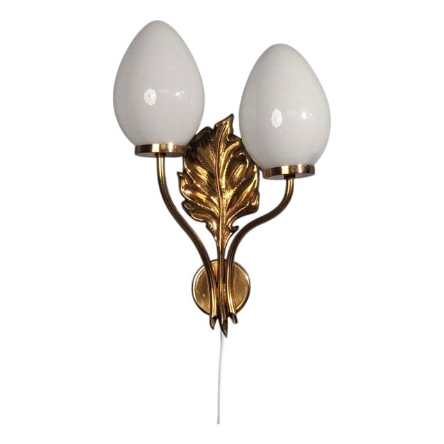 1950s Swedish Modern, Double Wall Light, Brass, Opaline Glass For Sale