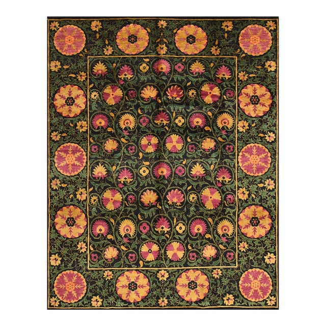 Suzani Rug 8'3'' X 10'6'' Black Wool Traditional Hand-Knotted Oriental Carpet For Sale