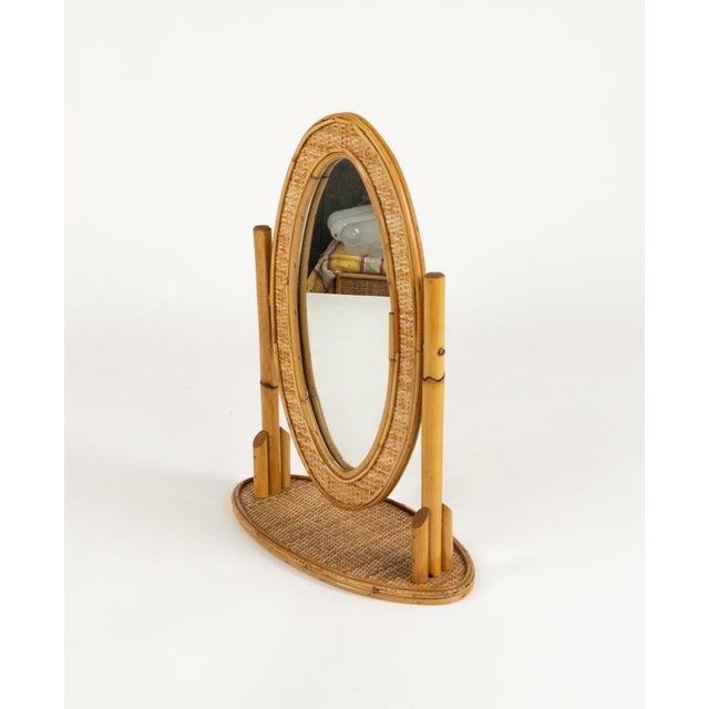 Mid-Century Oval Table Vanity Mirror in Bamboo, Rattan and Wicker, Italy, 1970s For Sale - Image 6 of 11